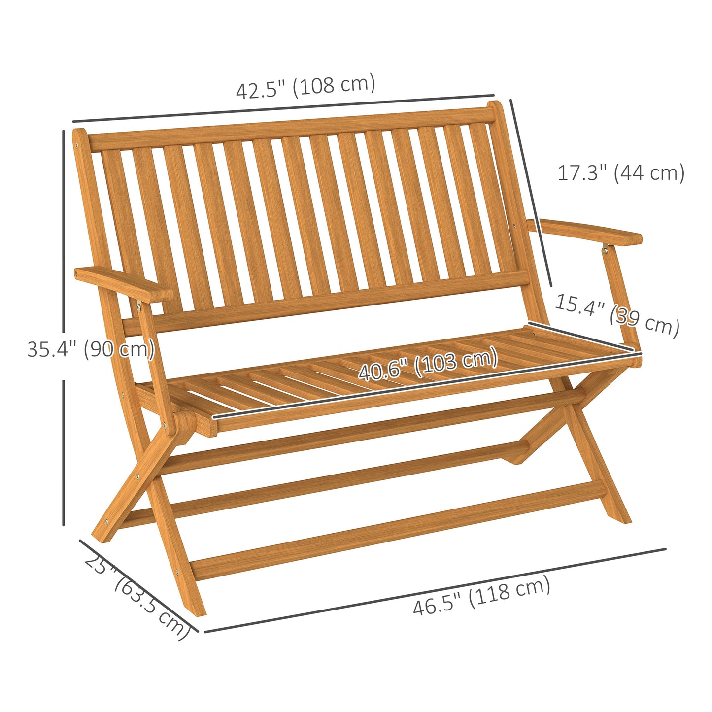 Banc d'extérieur pliable en bois avec dossier et accoudoirs pour extérieur, teck
