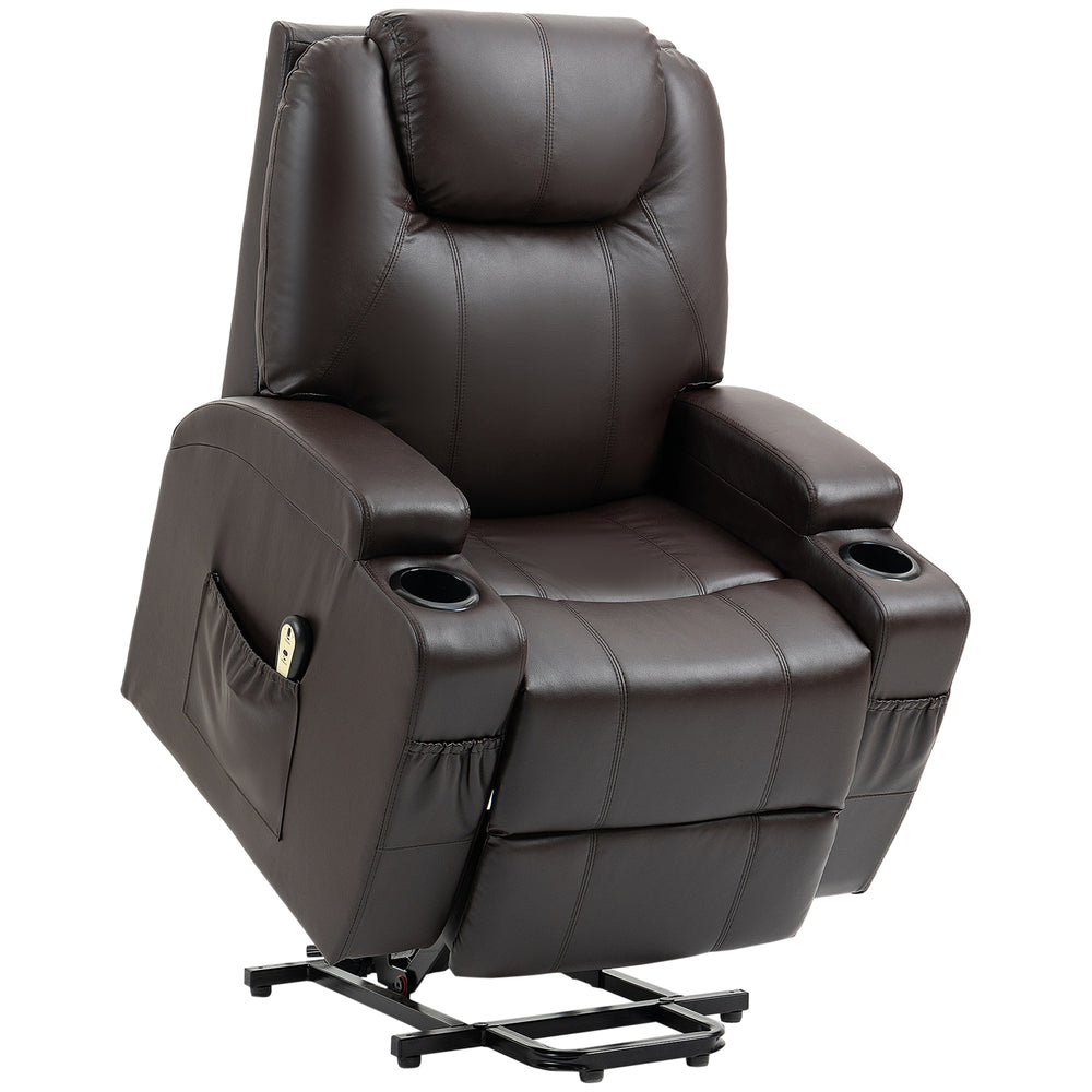 Fauteuil releveur électrique en cuir PU avec repose-pieds et porte-gobelets, marron