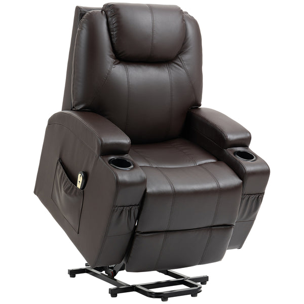 Fauteuil releveur électrique en cuir PU avec repose-pieds et porte-gobelets, marron
