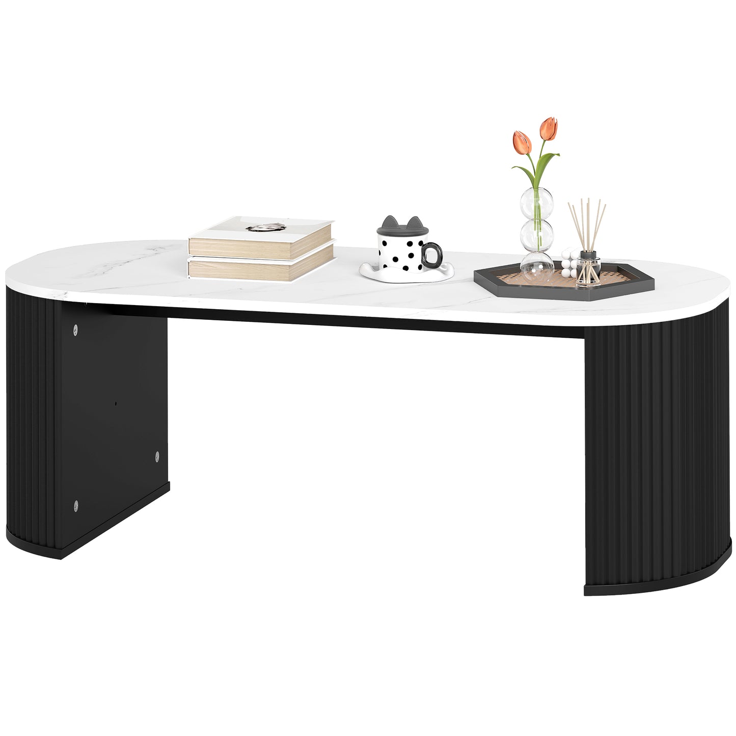 Table de salon moderne effet marbre avec coins arrondis et pieds épais, noire