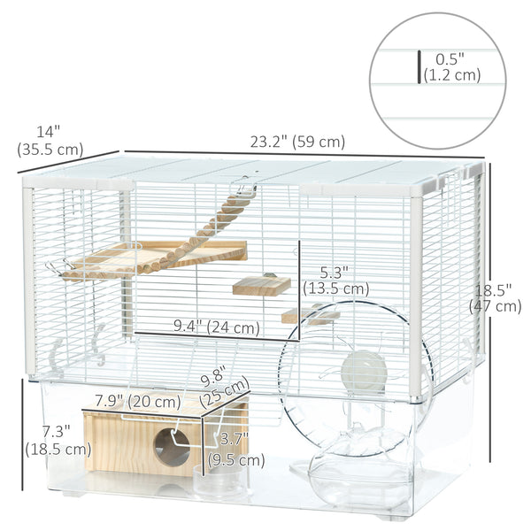 Cage pour hamster avec fond profond, rampe en bois, cabane, salle de bain et roue d'exercice pour hamster et gerbille, blanche