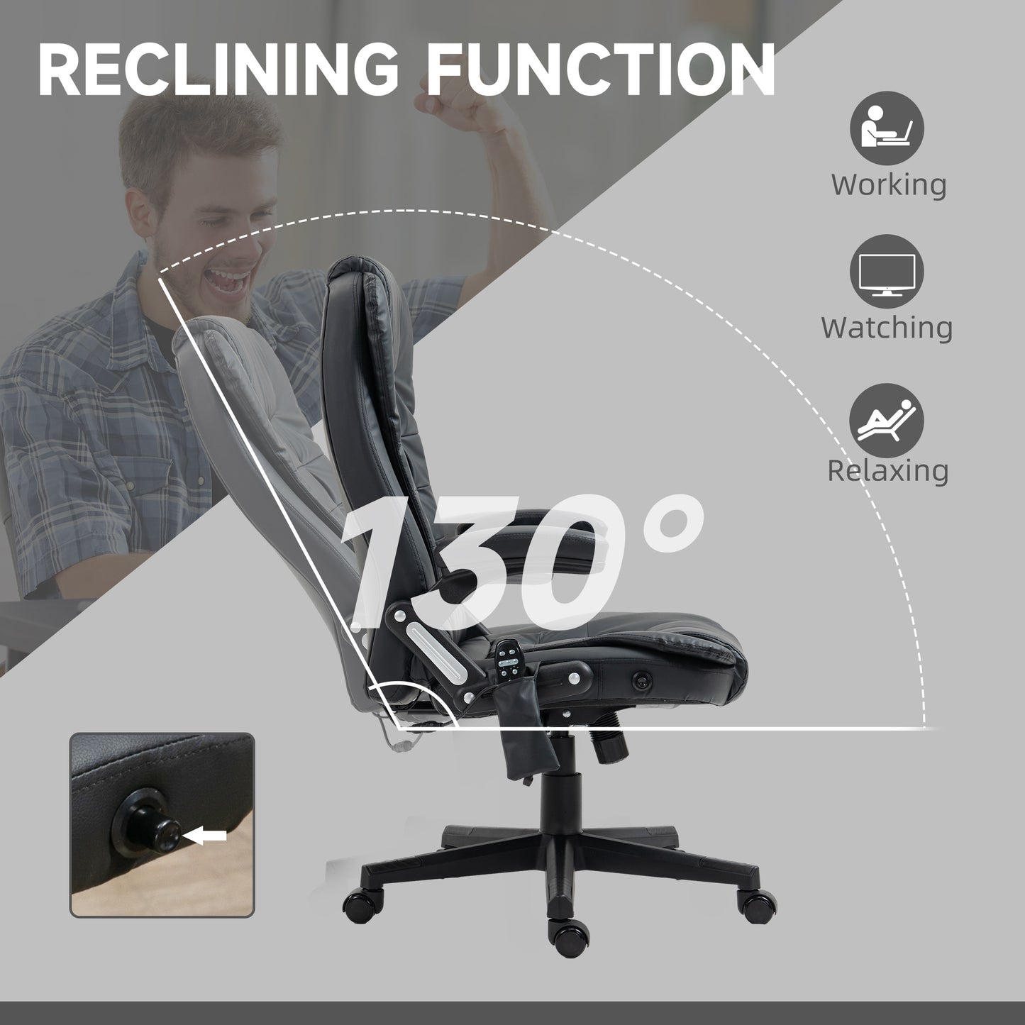 Massage and heated office chair, reclining, swivel, adjustable, in leather, black