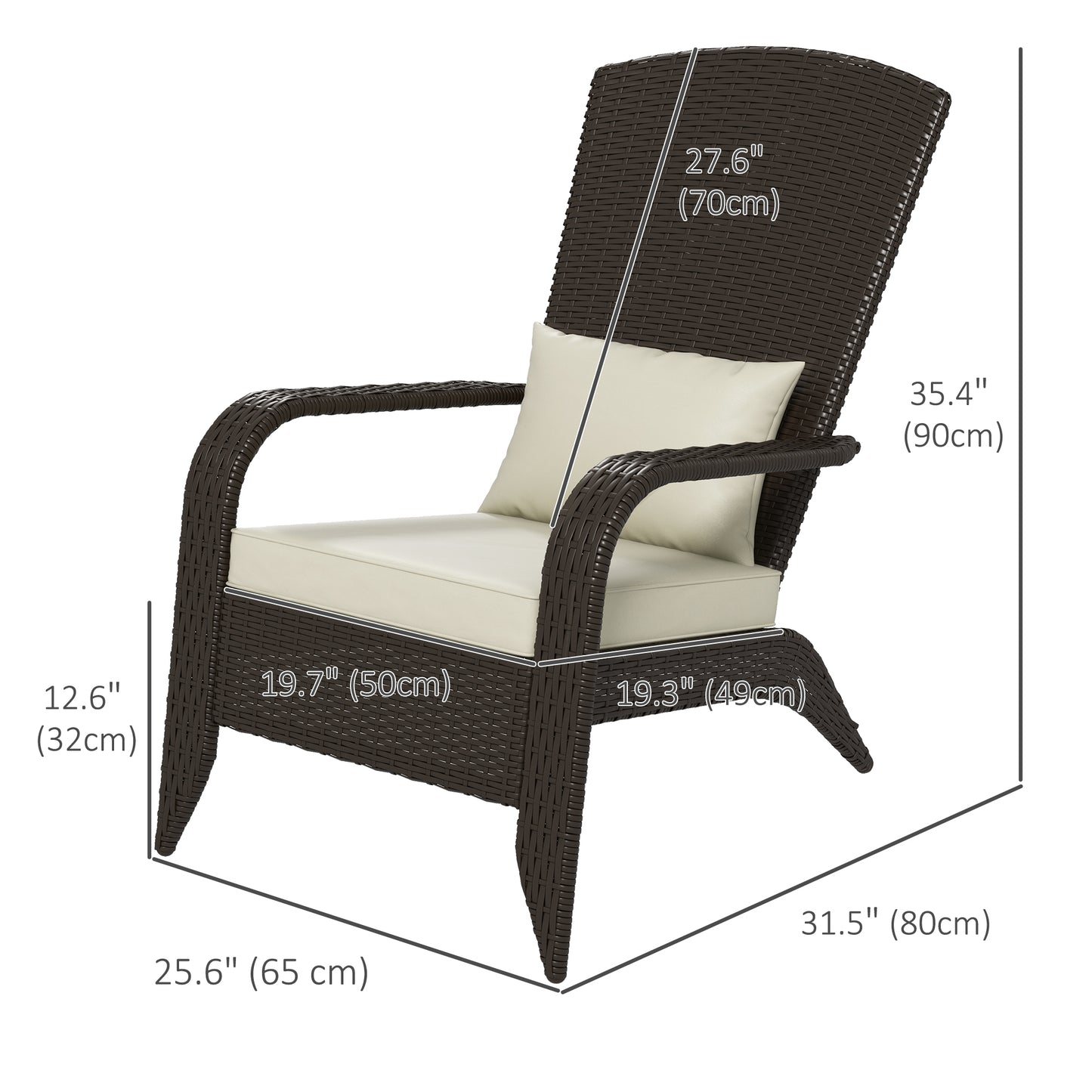 Chaise Adirondack en rotin avec coussins pour patio, kaki