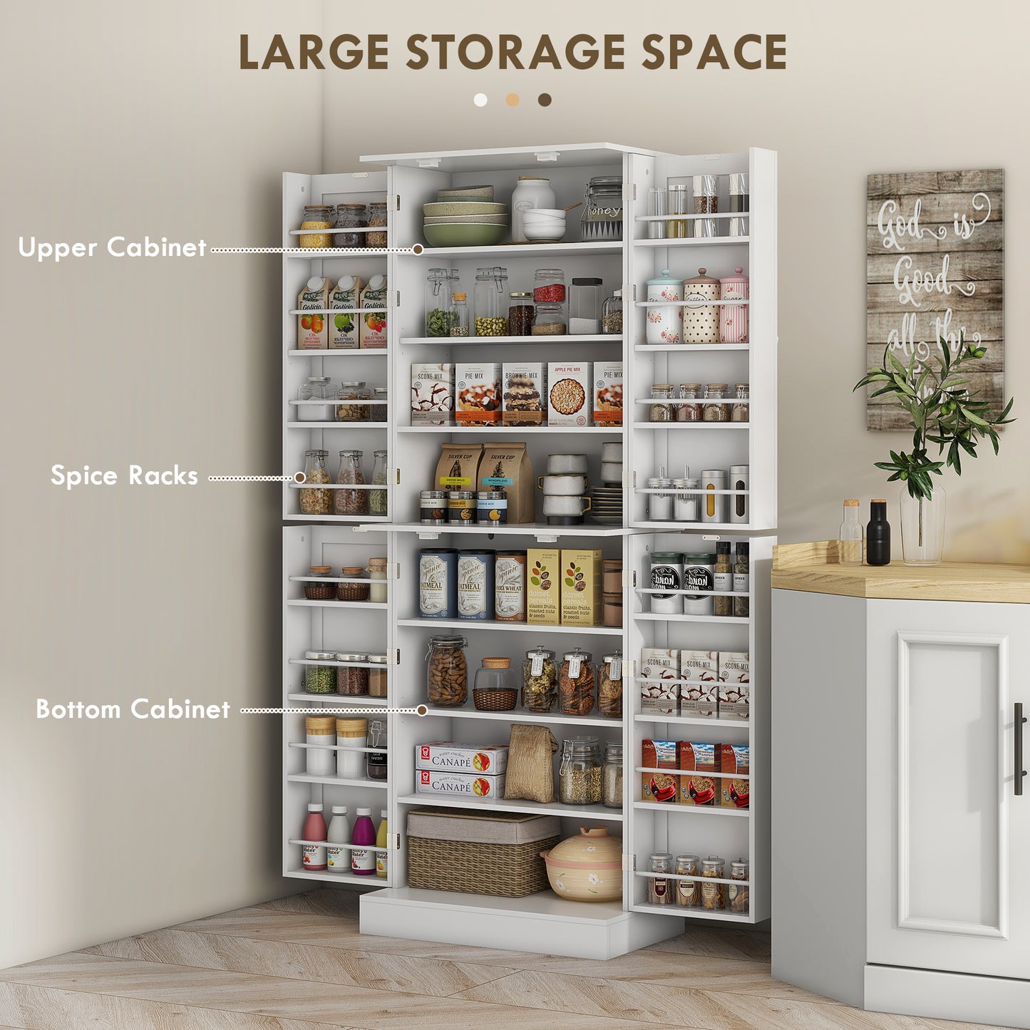 65-inch Kitchen Cabinet, Pantry with 4 Doors and 16 Shelves for Dining Room, White