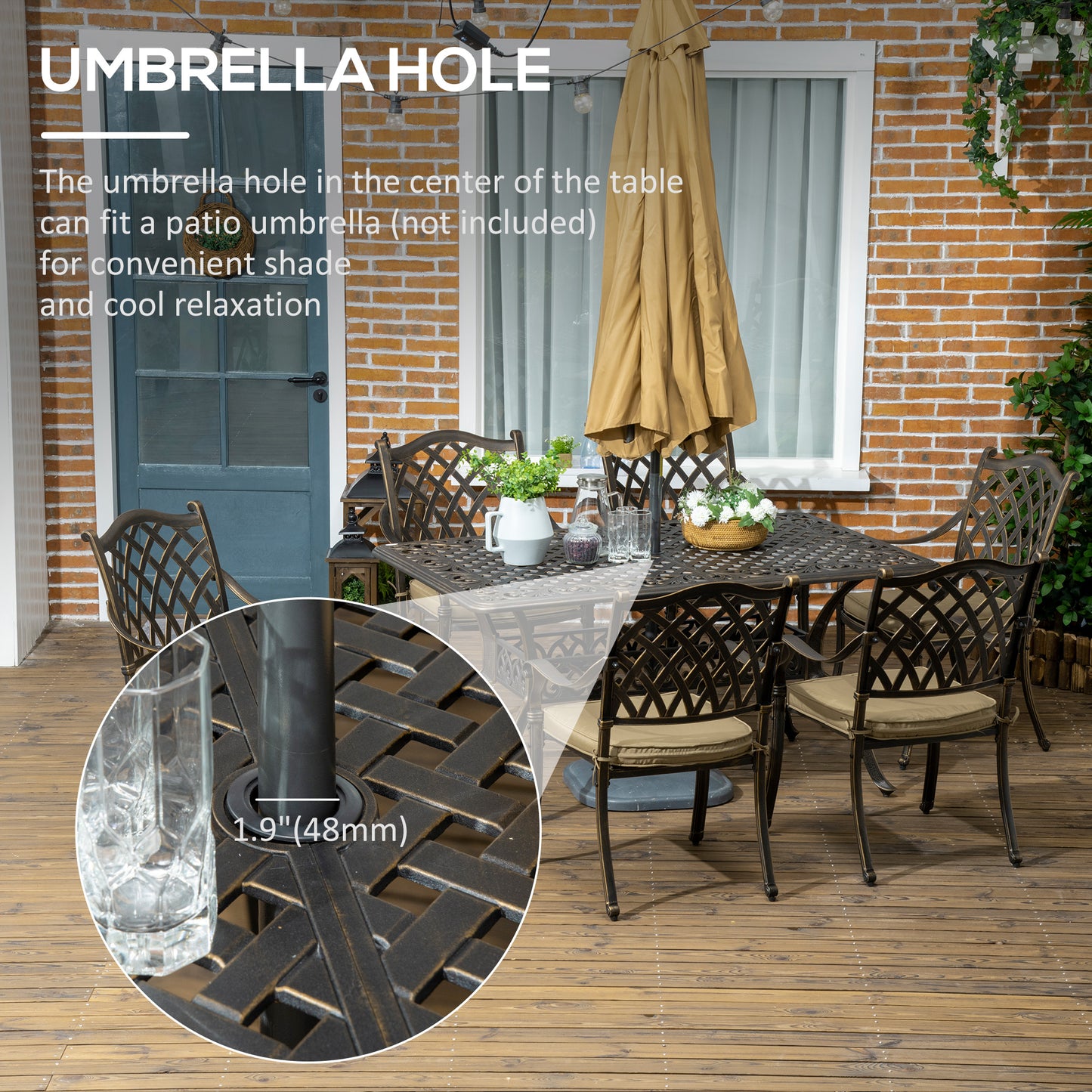 Outsunny 7 Piece Garden Dining Set with Umbrella Hole, Cast Aluminum Outdoor Furniture Set with 6 Padded Chairs and Rectangular Dining Table, for Garden, Lawn and Patio, Khaki