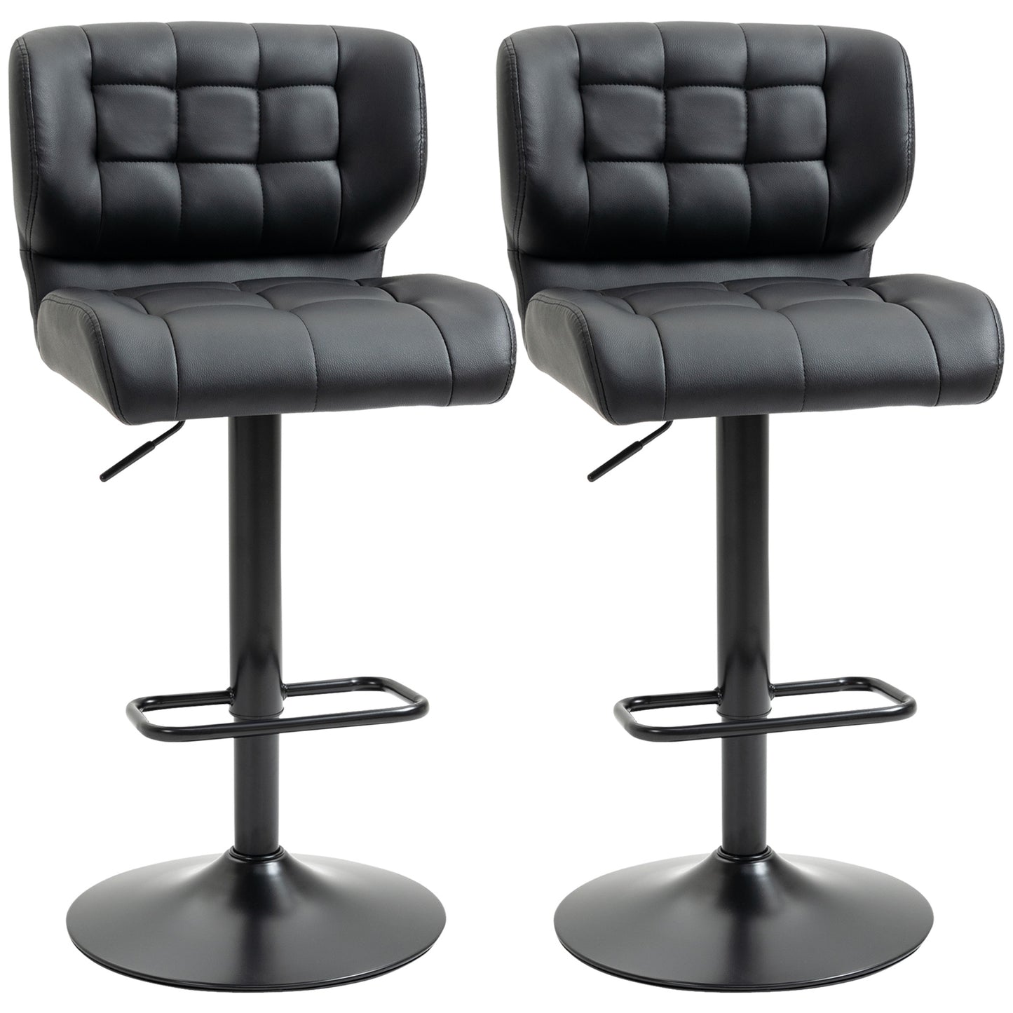 Set of 2 Adjustable Faux Leather Swivel Bar Stools with Footrest, Black