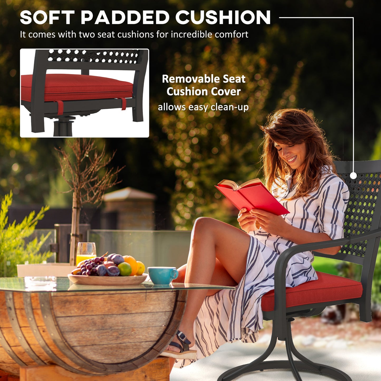 Ensemble de chaises pivotantes avec coussin avec accoudoirs incurvés, rouge