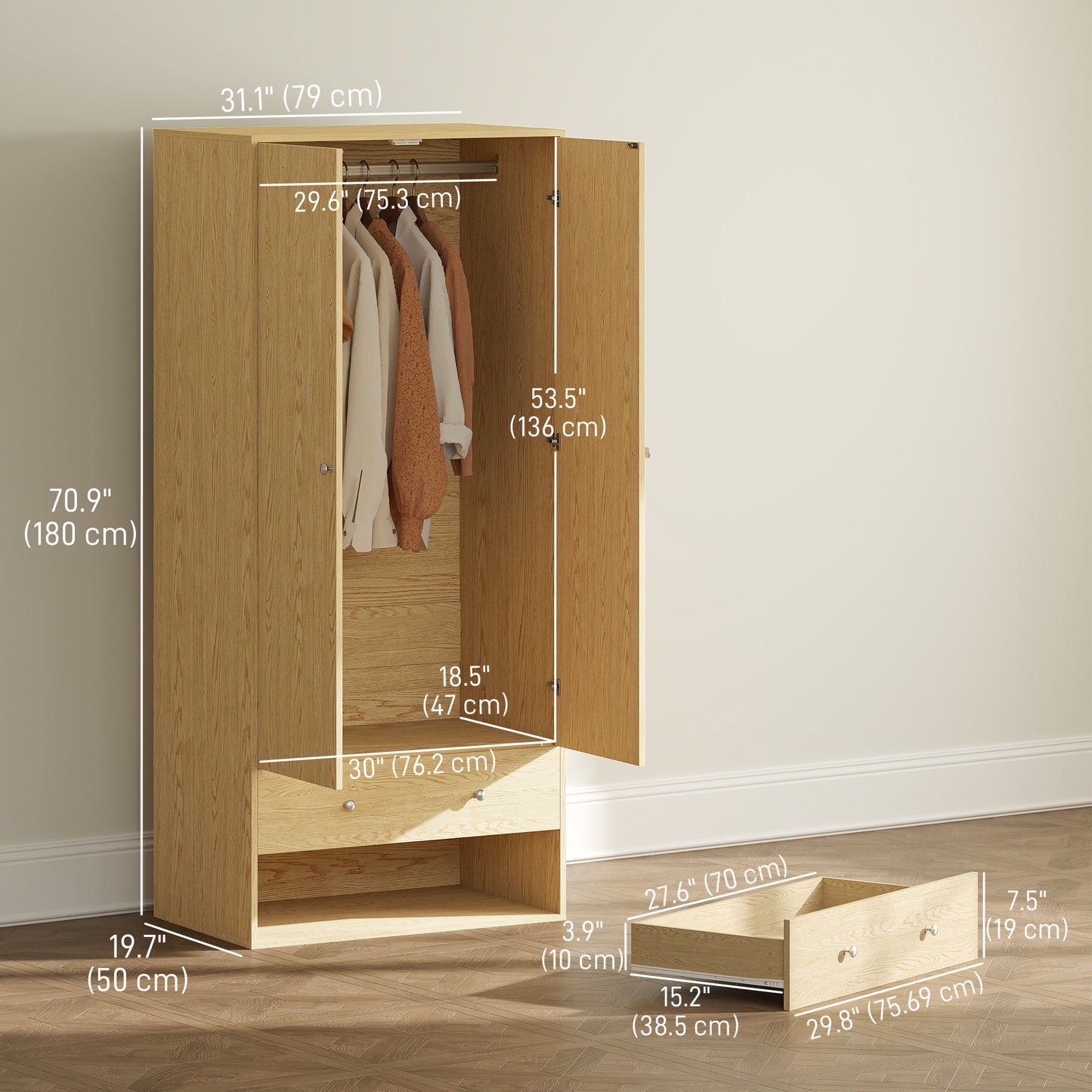 Armoire penderie moderne avec 2 tiroirs et tringle de suspension, bois naturel