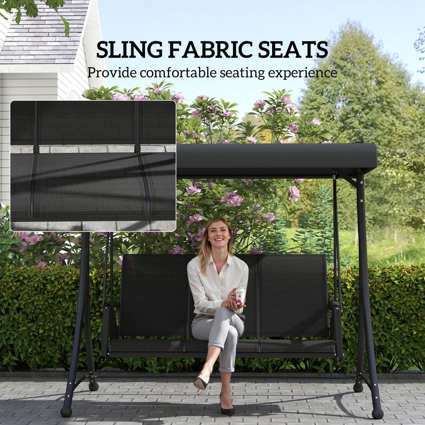 Outsunny 3 Person Outdoor Swing with Adjustable Canopy, Black