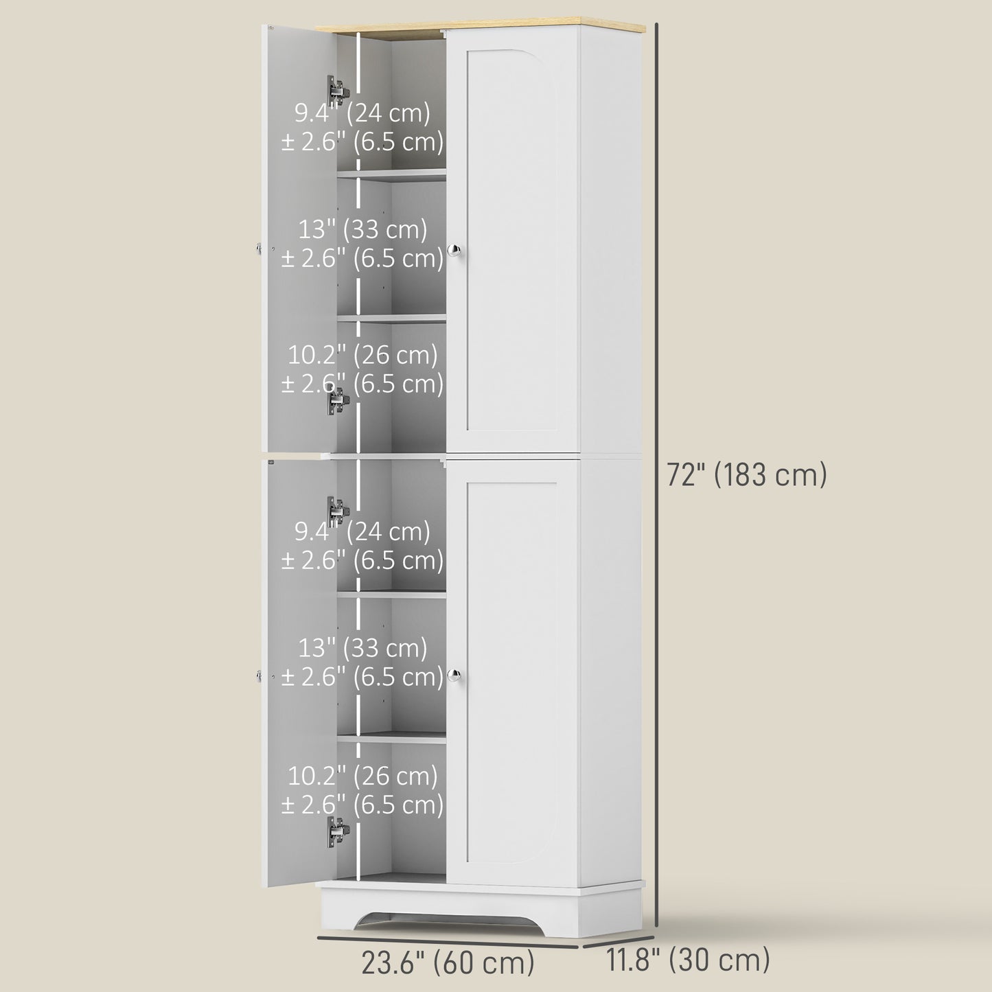 Armoire de rangement de 183 cm de haut, avec étagères réglables, 4 portes, blanc