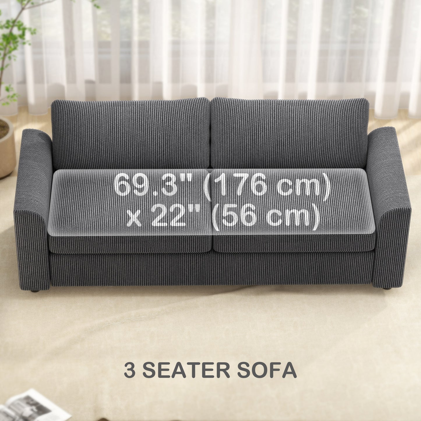 Canapé 3 places avec ressorts ensachés et 2 coussins décoratifs, gris foncé