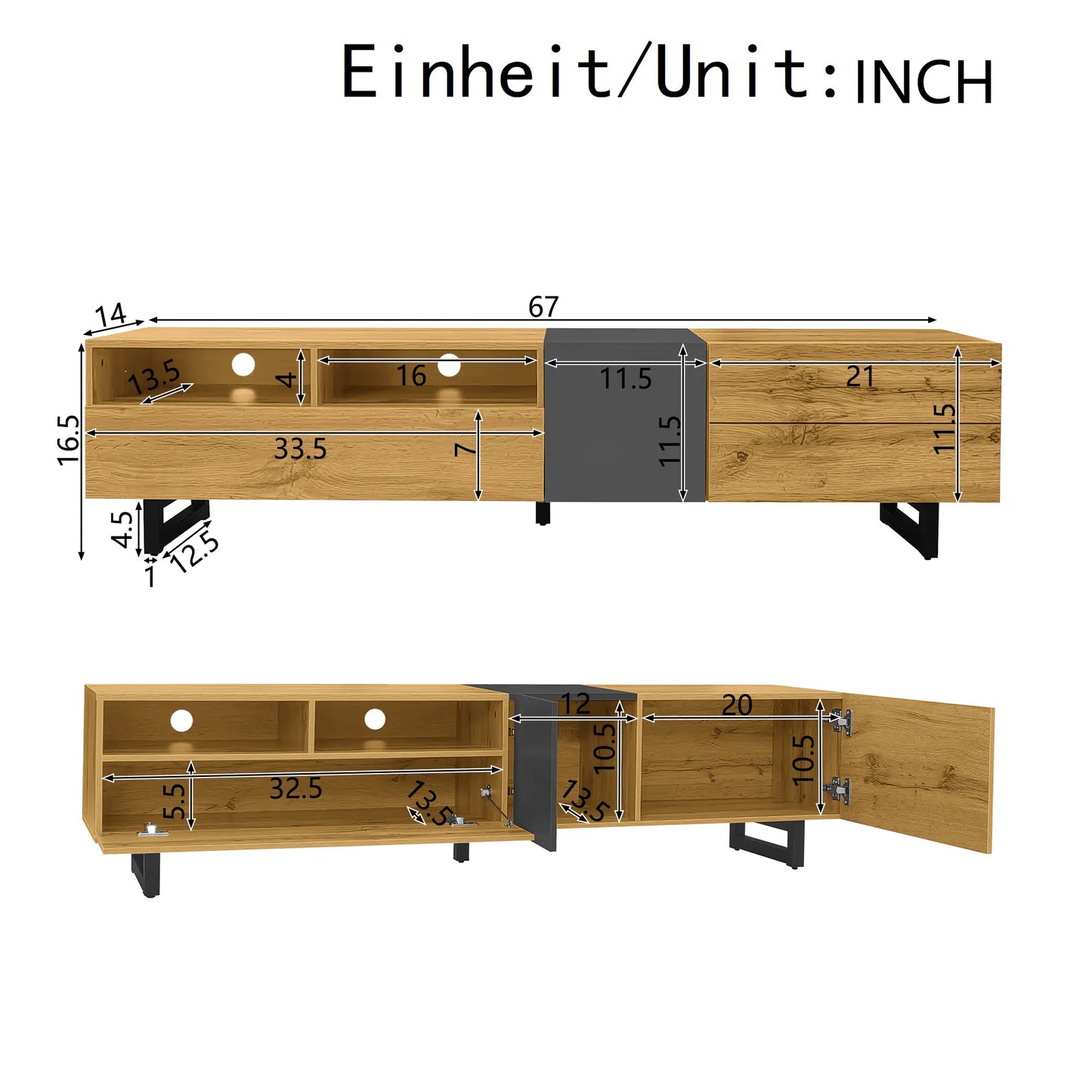 Meuble TV avec pieds en métal en U, 3 portes et 2 compartiments, assemblage facile, noir et naturel