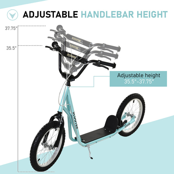 Trottinette avec roues gonflables de 16 pouces et doubles freins, bleu pâle
