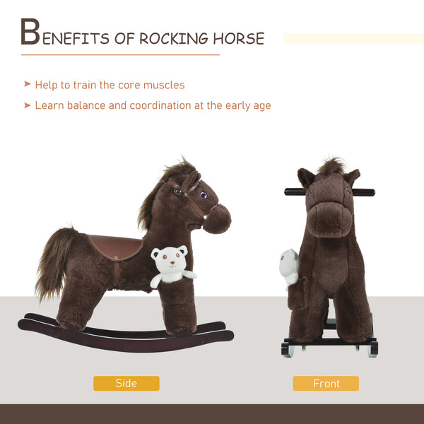 Cheval à bascule en peluche avec ours en peluche, marron et blanc