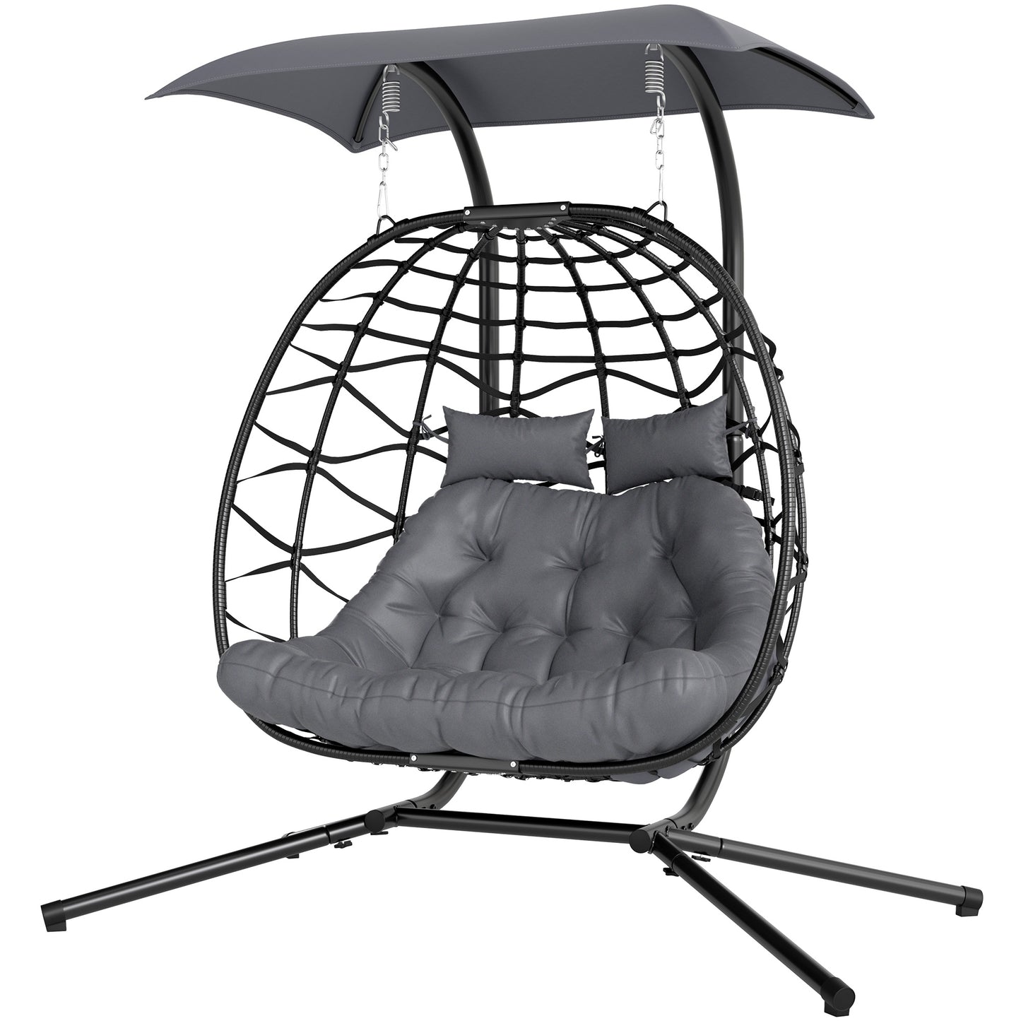 Outsunny Balancelle double en osier avec auvent, pliable et suspendue, avec appui-tête et coussin, noir
