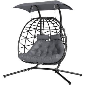 Balancelle double en osier avec auvent, pliable et suspendue, avec appui-tête et coussin, gris