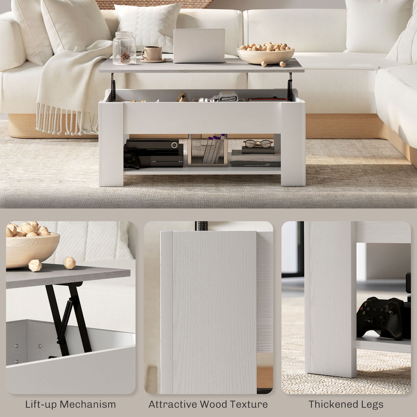 Table basse relevable avec compartiment de rangement dissimulé et étagère ouverte, blanche
