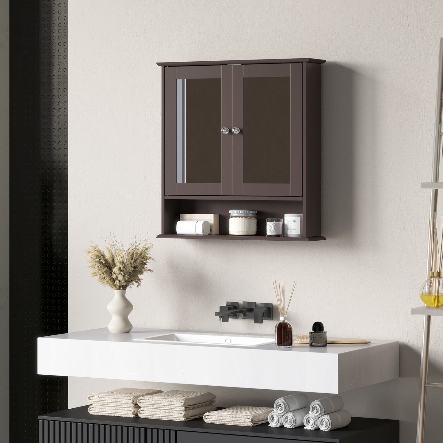 Medicine cabinet with mirror and double doors, dark brown