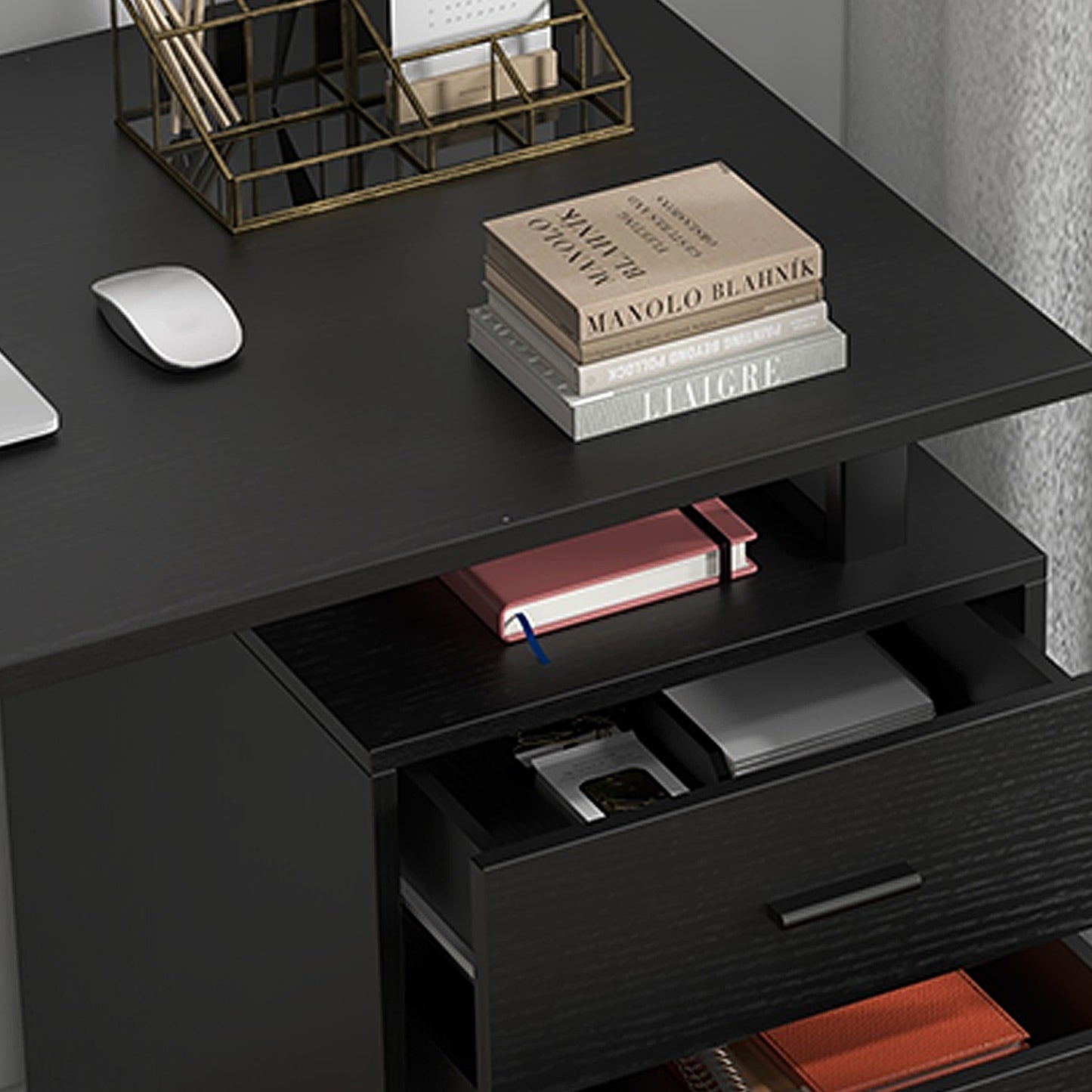 Bureau d'ordinateur moderne avec tiroirs de rangement, noir