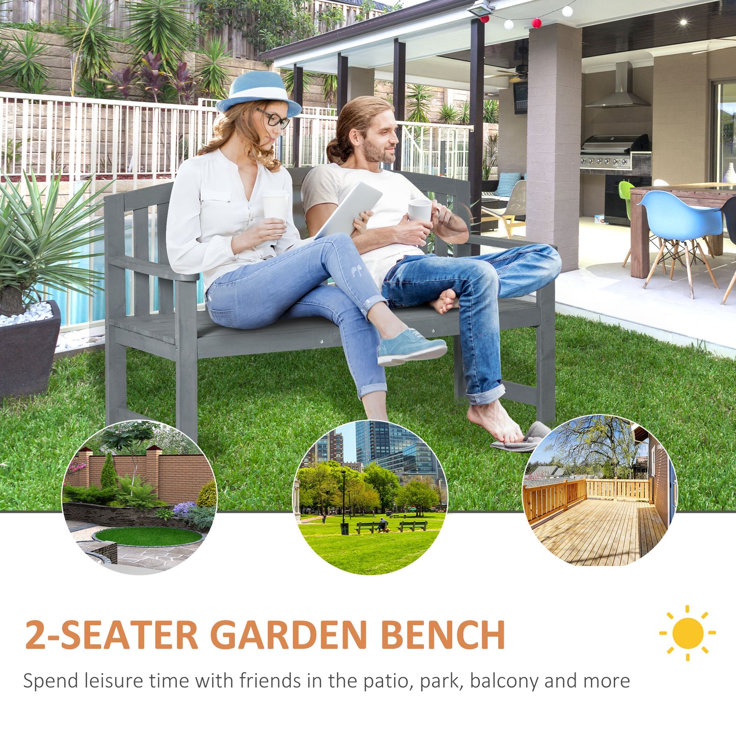 Outsunny Wooden Bench, Outdoor Bench with Slatted Design, Backrest, Armrests for Garden, Park, Backyard, Gray |