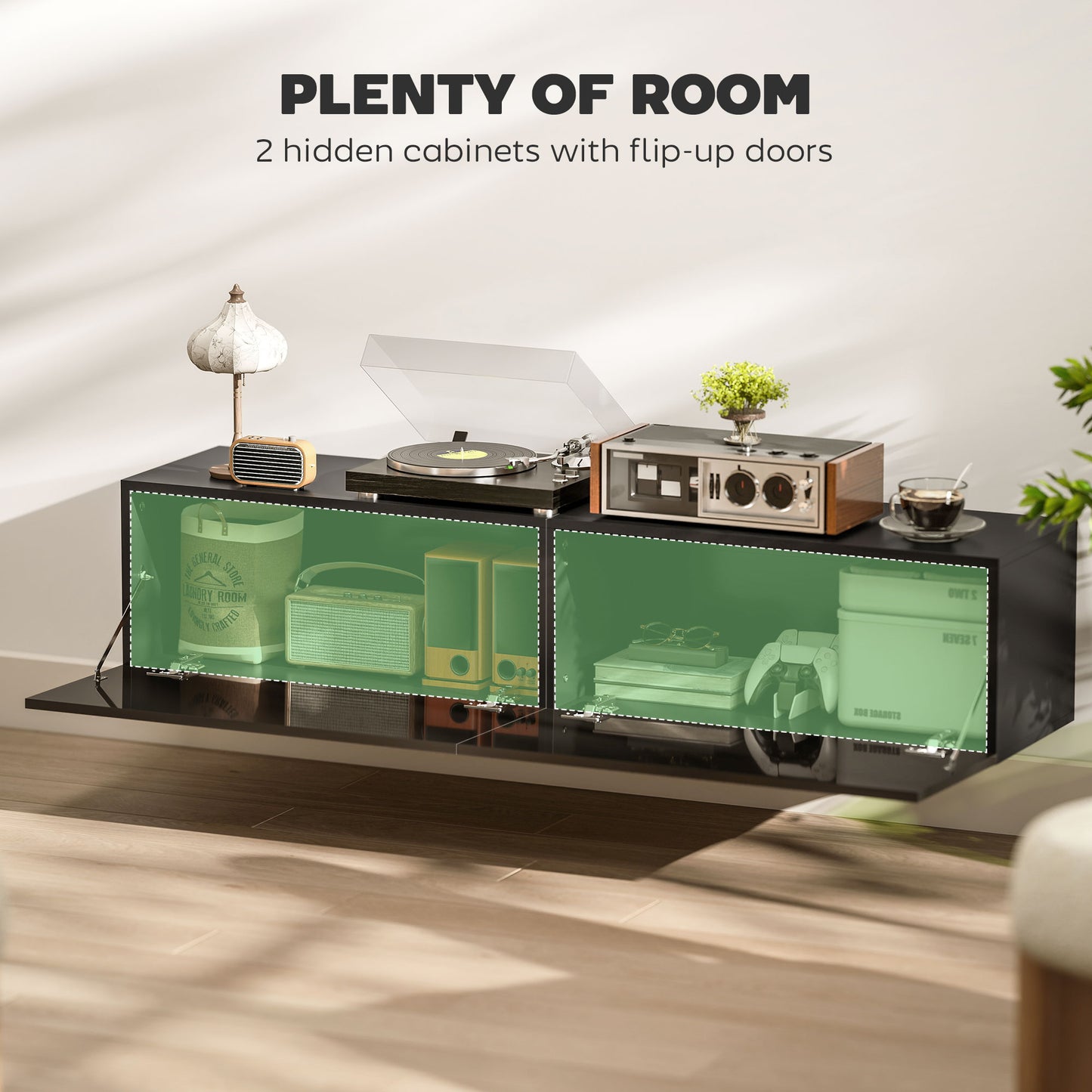 Meuble TV mural avec rangements pour téléviseurs 45, 55 et 65 pouces, noir
