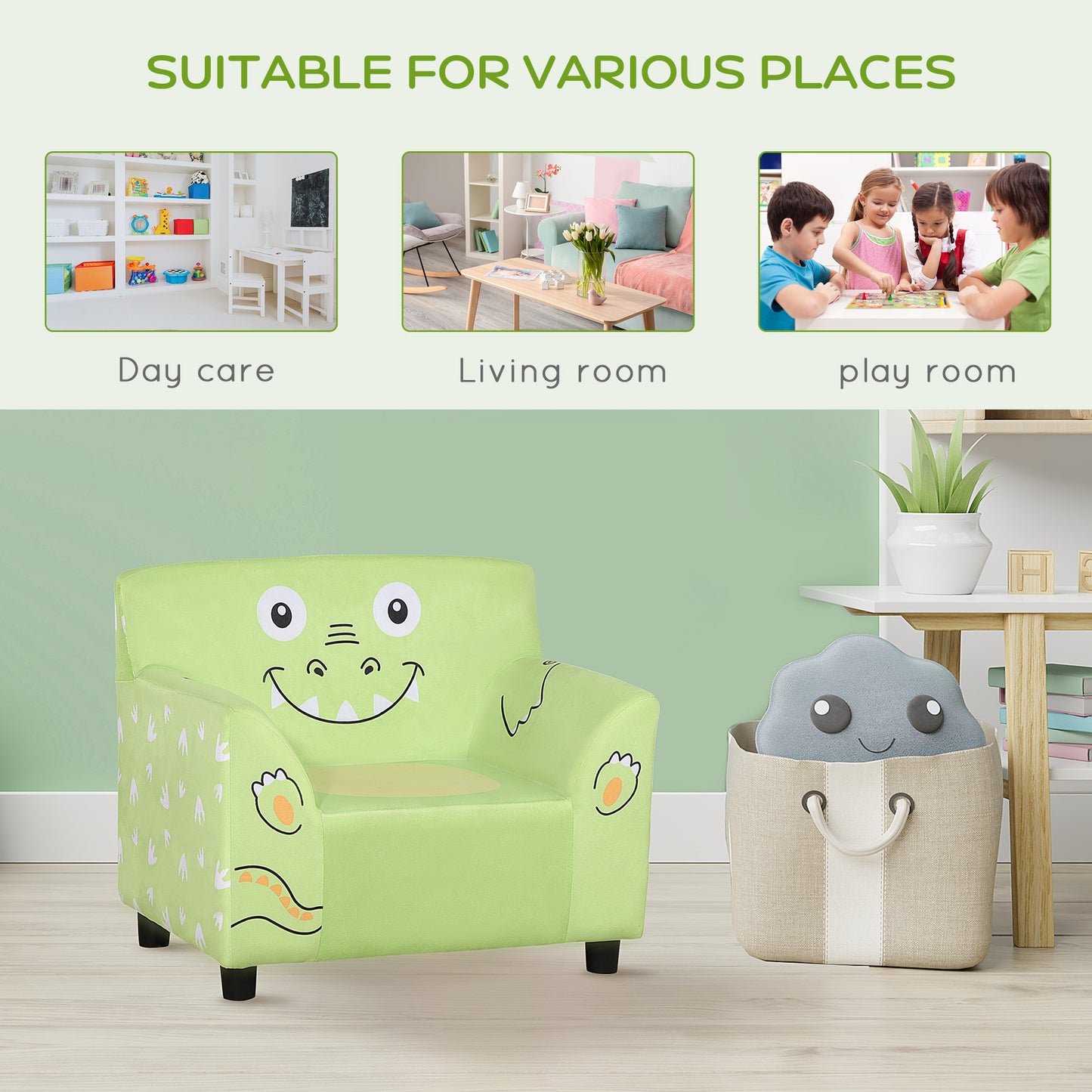 Fauteuil avec accoudoirs pour enfant avec imprimé animal mignon, velours ultra doux, bois d'eucalyptus, vert