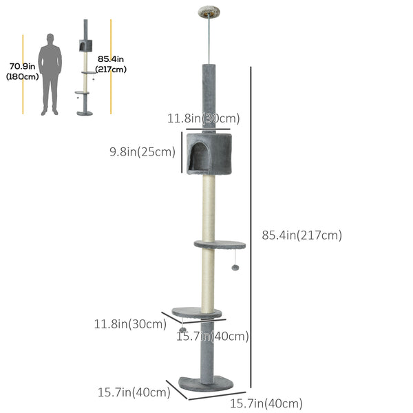 PawHut 4-Level Cat Tree, Ceiling Height, High Tower with Scratching Post, Soft Padding, Play Ball, Indoor Cat House, Light Grey