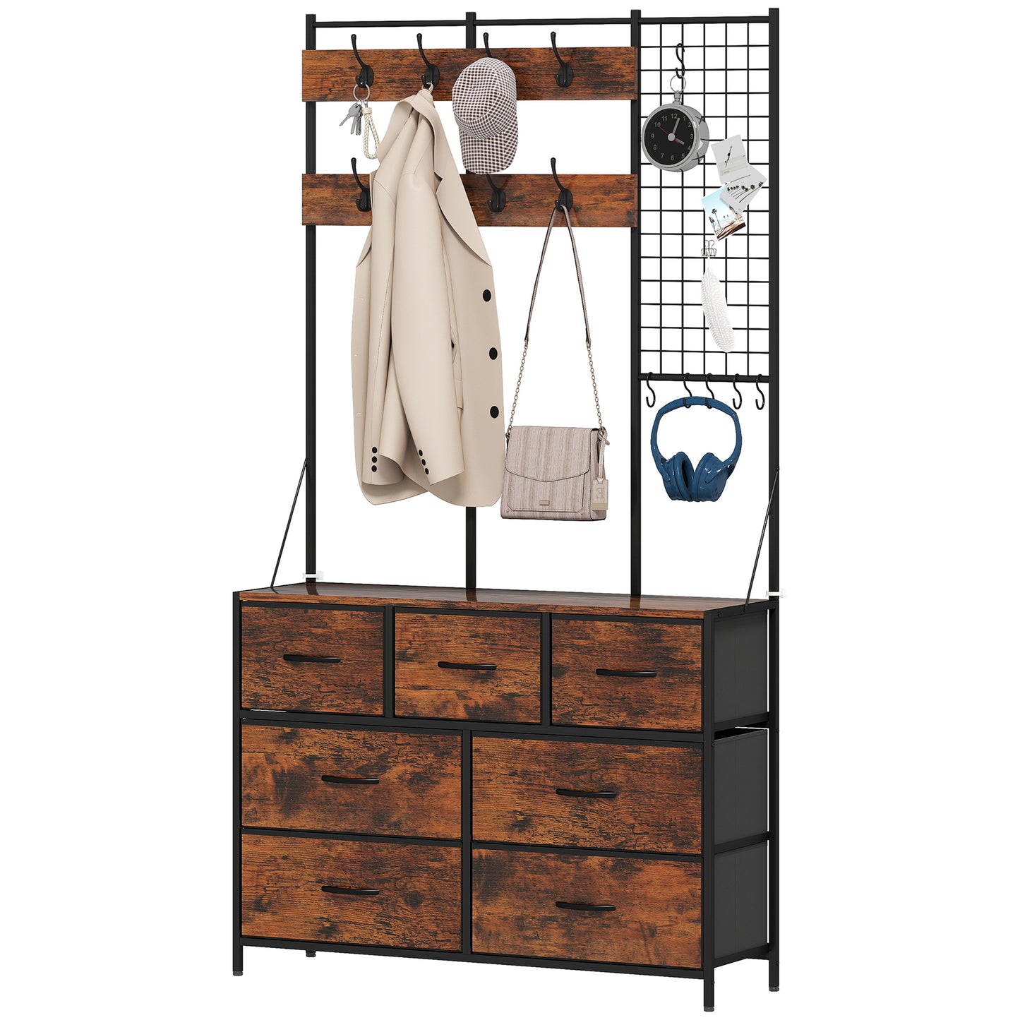 Porte-manteau 4 en 1 avec commode en tissu à 7 tiroirs et 14 crochets, marron rustique