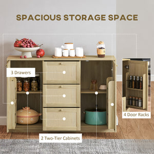 Buffet Boho avec 3 tiroirs, 2 étagères réglables et 4 étagères, naturel