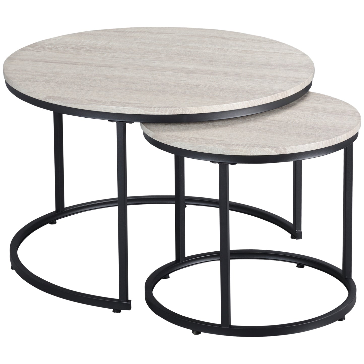 Lot de 2 tables basses ronde avec structure en métal, tables de salon, grain de bois gris