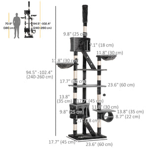 Adjustable cat tree from 240 to 250 cm, ceiling height, scratching post, activity center, gray