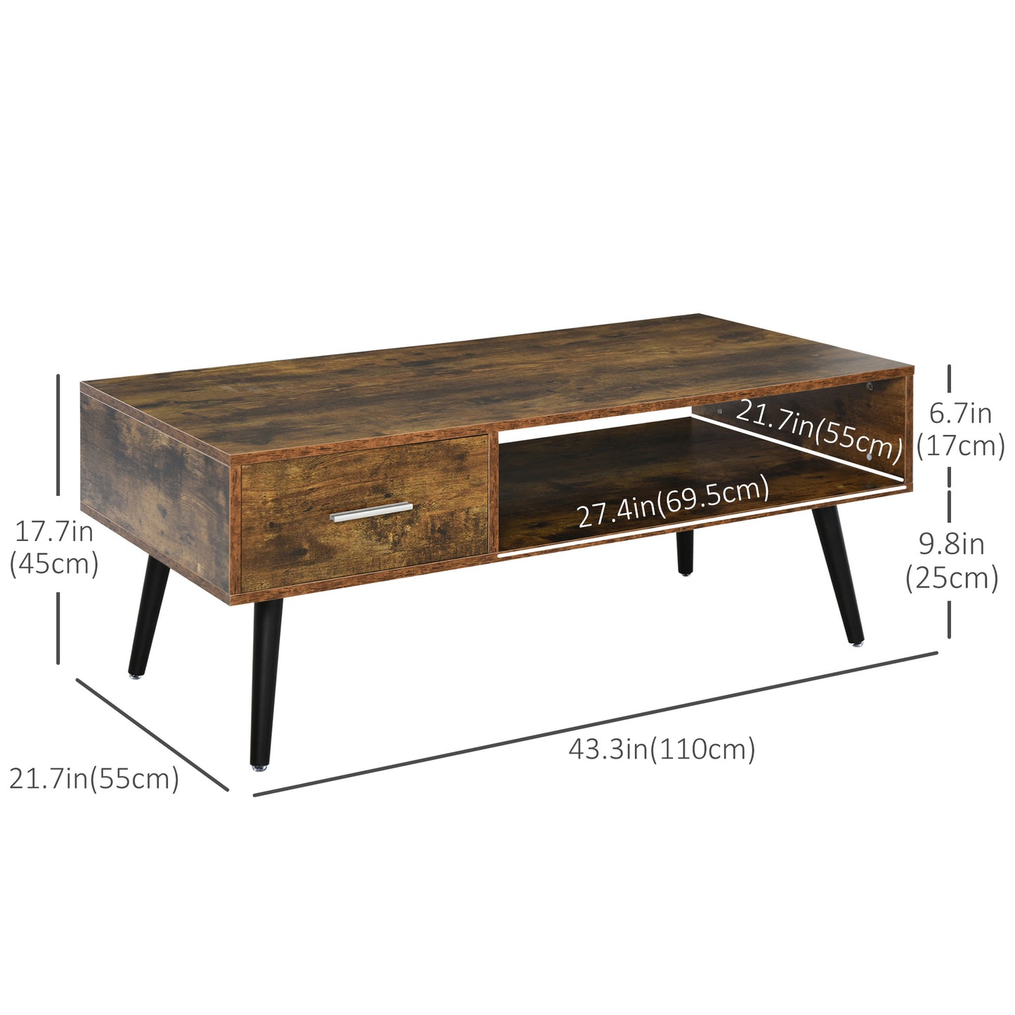 Table basse rétro avec étagère de rangement et tiroir pour salon, marron rustique