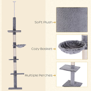 2.6m 5-Level Cat Tree with Scratching Post and Play Area, Grey