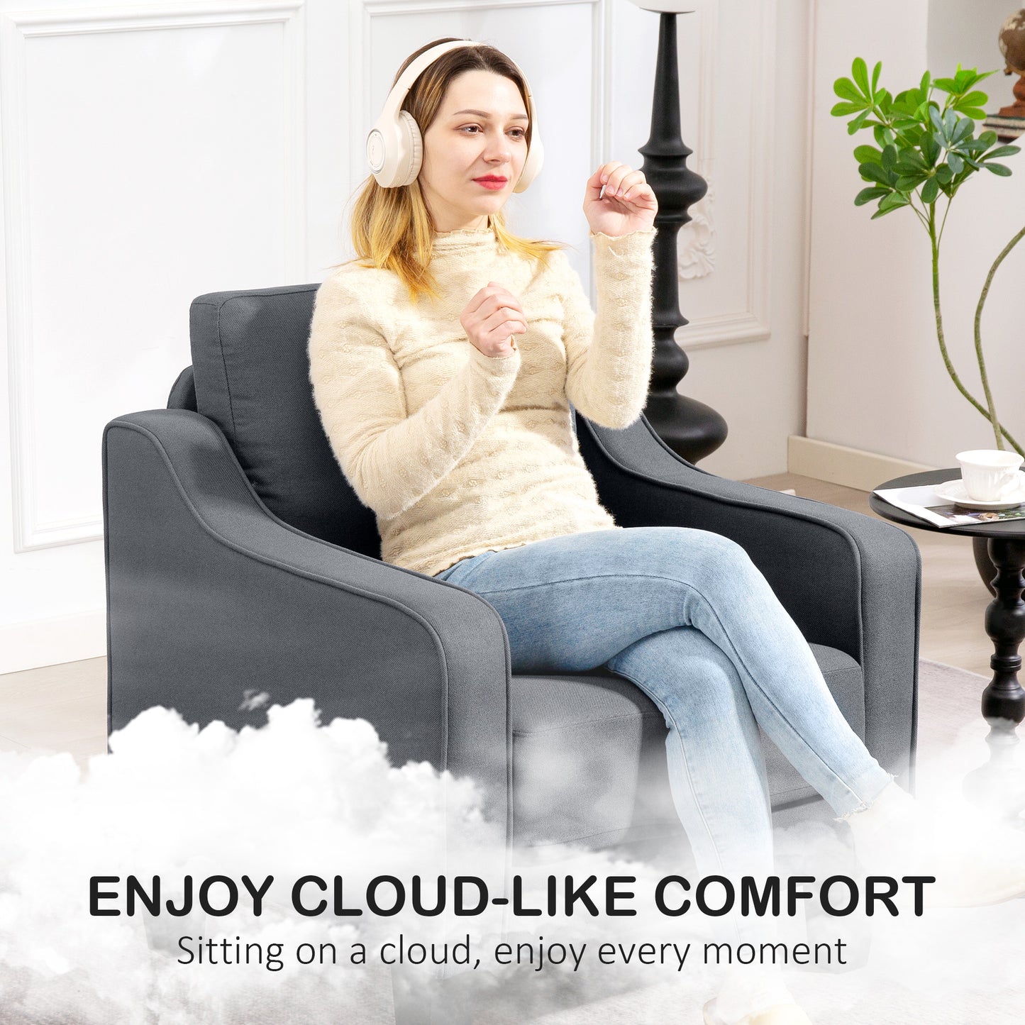 Fauteuil d'appoint moderne avec ressorts ensachés, revêtement en lin, rembourrage épais, gris anthracite