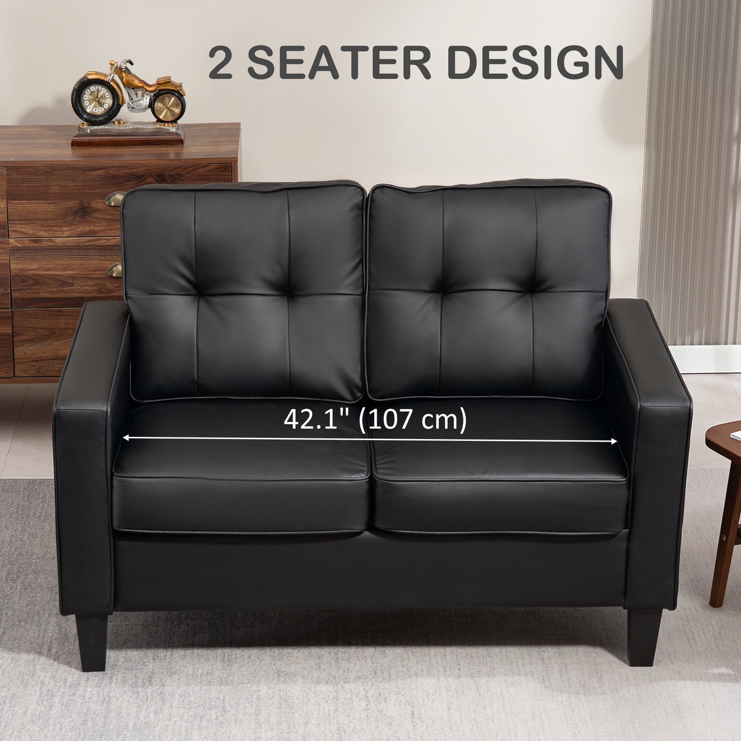 Causeuse rembourrée en similicuir avec accoudoirs, dossier capitonné, coussin, noir