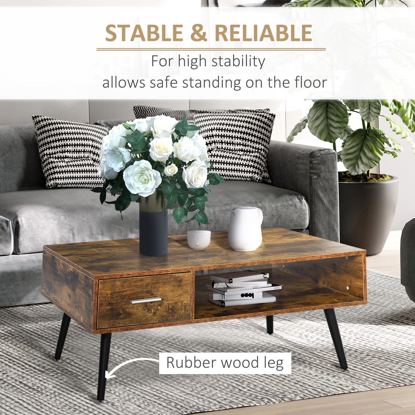 Table basse rétro avec étagère de rangement et tiroir pour salon, marron rustique