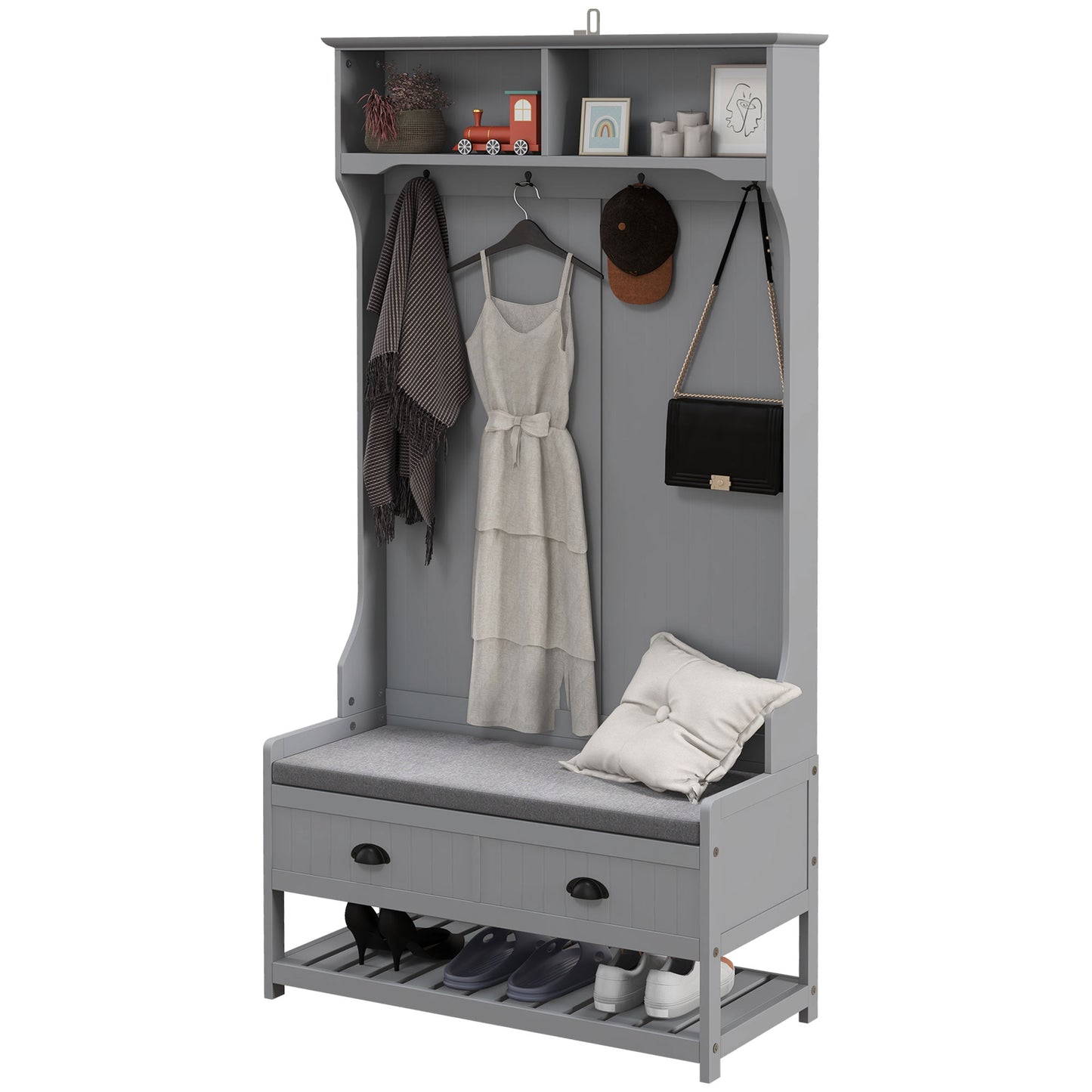 HOMCOM Shoe Bench and Coat Rack, Hallway Furniture with Bench and Shoe Storage, Hallway Bench with 4 Hooks, 2 Drawers, 2 Shelves, Grey