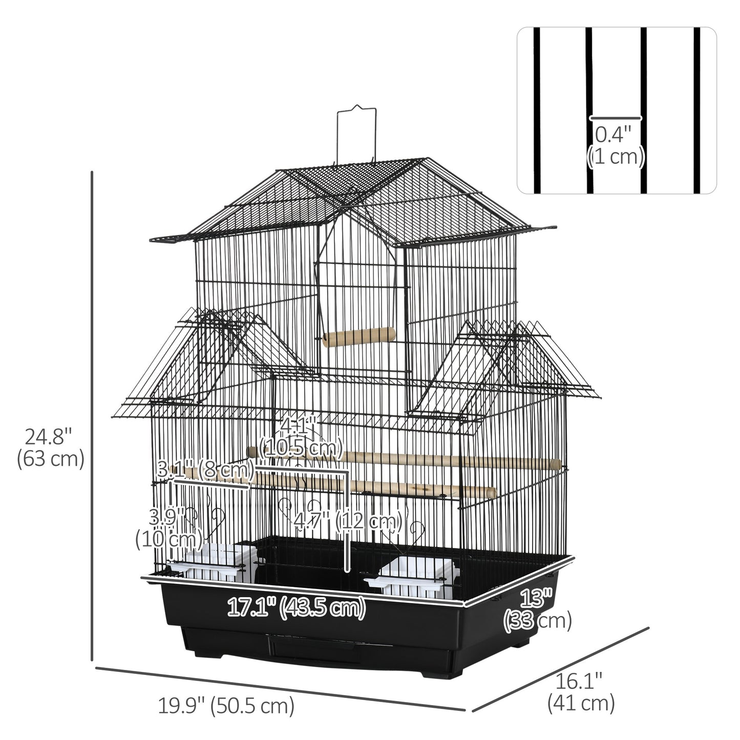PawHut 25" Bird Cage with Perch, Swing, Food Container, Sliding Tray & Handle, for Finches, Canaries & Parakeets