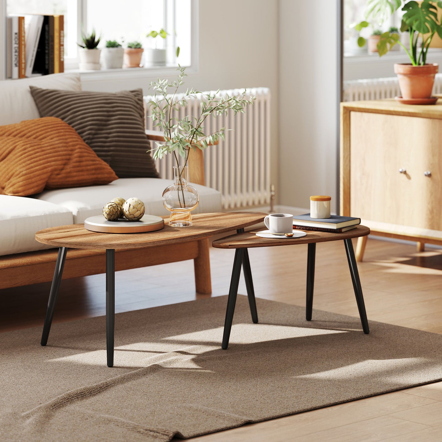 Ensemble de 2 tables basses industrielles avec pieds en acier, marron