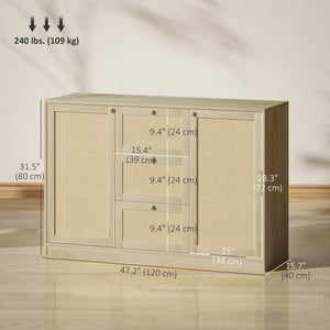 Buffet Boho avec 3 tiroirs, 2 étagères réglables et 4 étagères, naturel