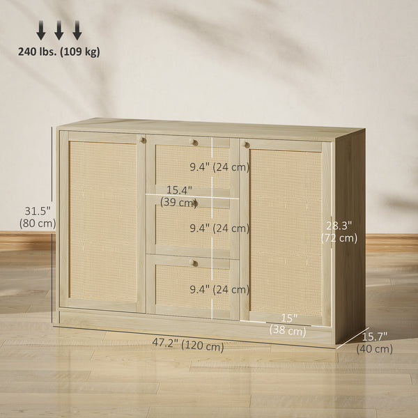 Buffet Boho avec 3 tiroirs, 2 étagères réglables et 4 étagères, naturel