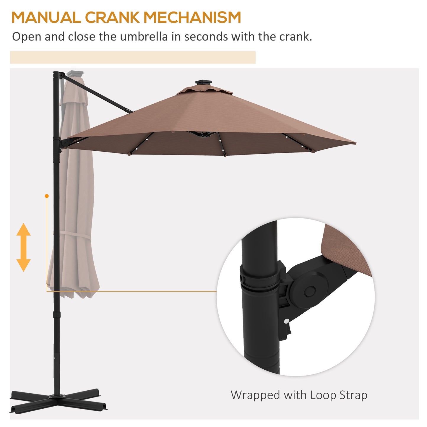 Parasol déporté 9,5'x8,5' avec lumières LED à énergie solaire,