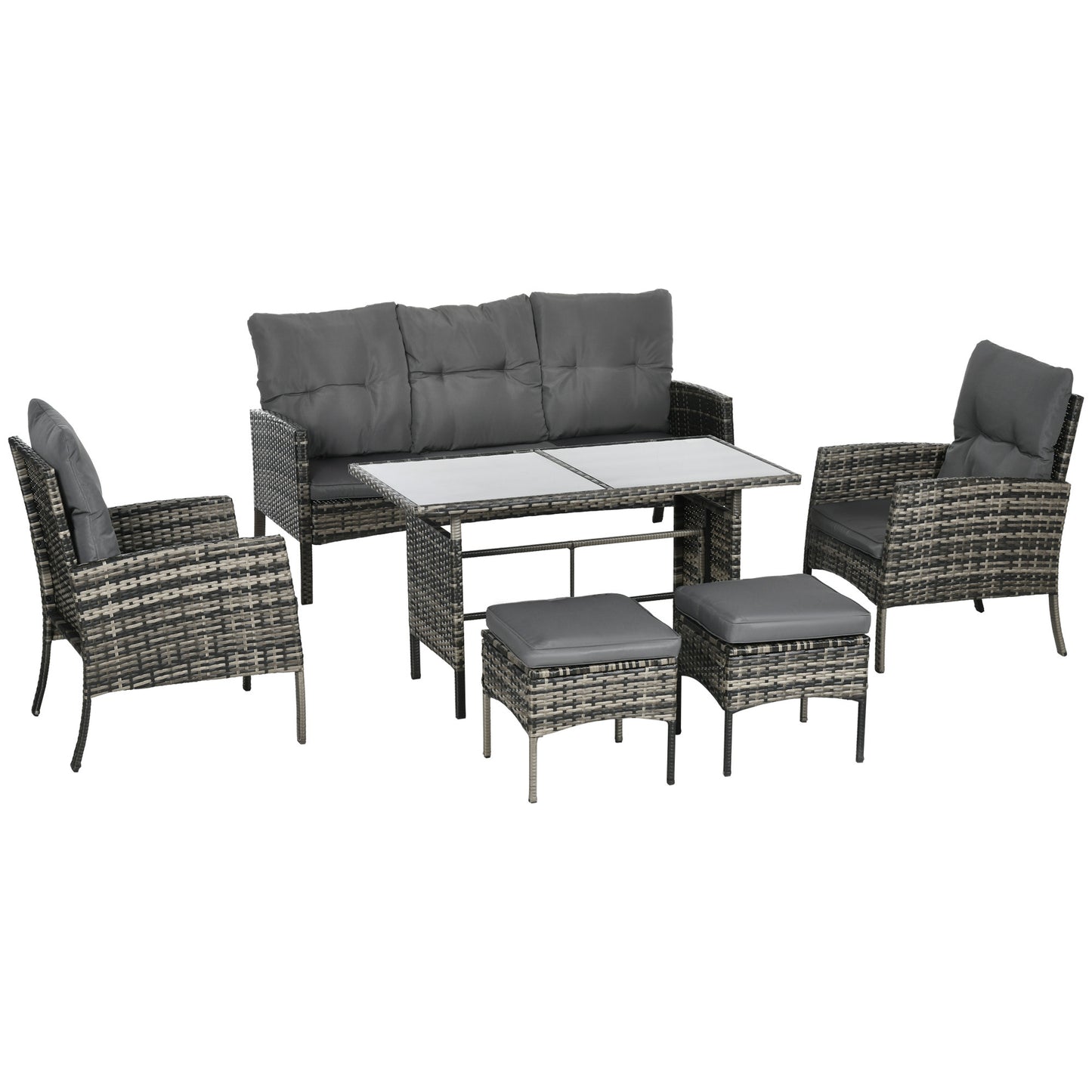 Outsunny 6 Piece Garden Furniture Set with Chairs, Ottomans, Sofa, Glass Table and Cushions, Wicker Rattan Outdoor Furniture Set for Garden and Porch, Grey