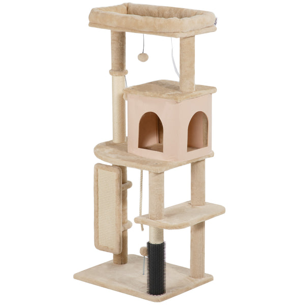 Arbre à chat de 132 cm avec griffoirs, panier, niche et brosse de toilettage, beige