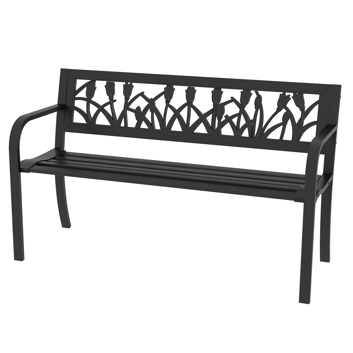 Banc d'extérieur en métal avec accoudoirs incurvés et assise à lattes pour patio, noir