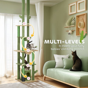 Cat tree 226-254 cm, ceiling height with scratching posts, grooming brush and niche, green