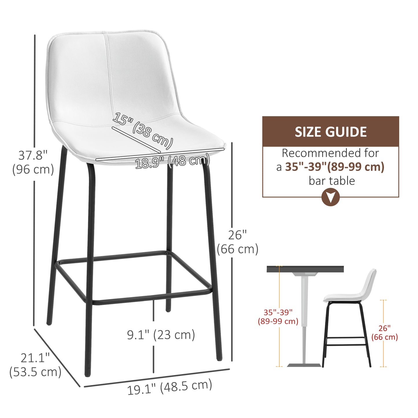 Lot de 2 tabourets de bar HOMCOM, chaises de bar rembourrées à hauteur de comptoir, tabourets de cuisine avec pieds en acier