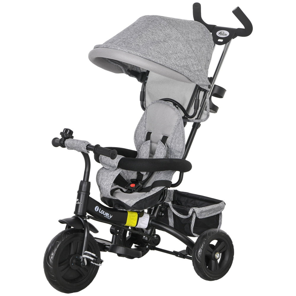 Tricycle 6 en 1 pour tout-petits avec panier, auvent, harnais de sécurité 5 points, gris