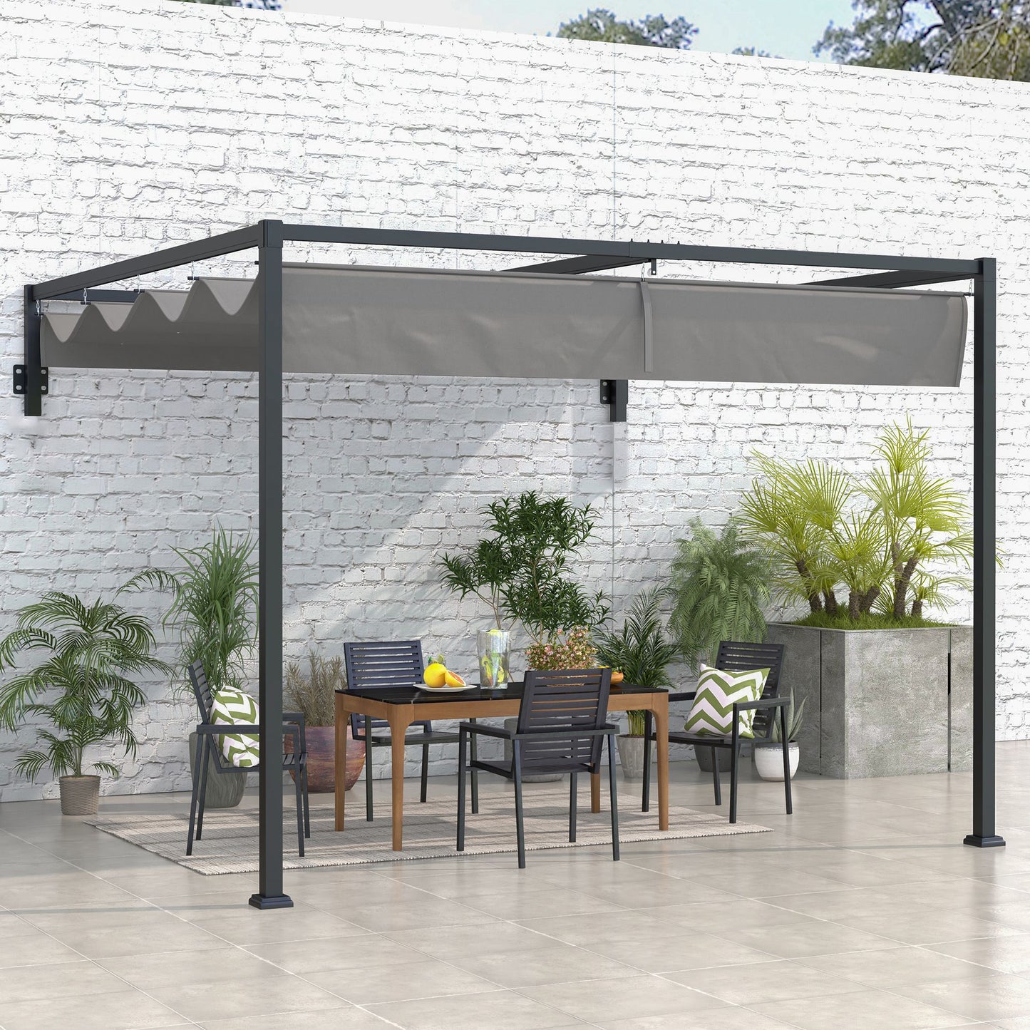 Pergola 10 x 10 pieds avec toit rétractable en métal, idéale pour barbecue, jardin, terrasse ou patio, structure résistante et moderne