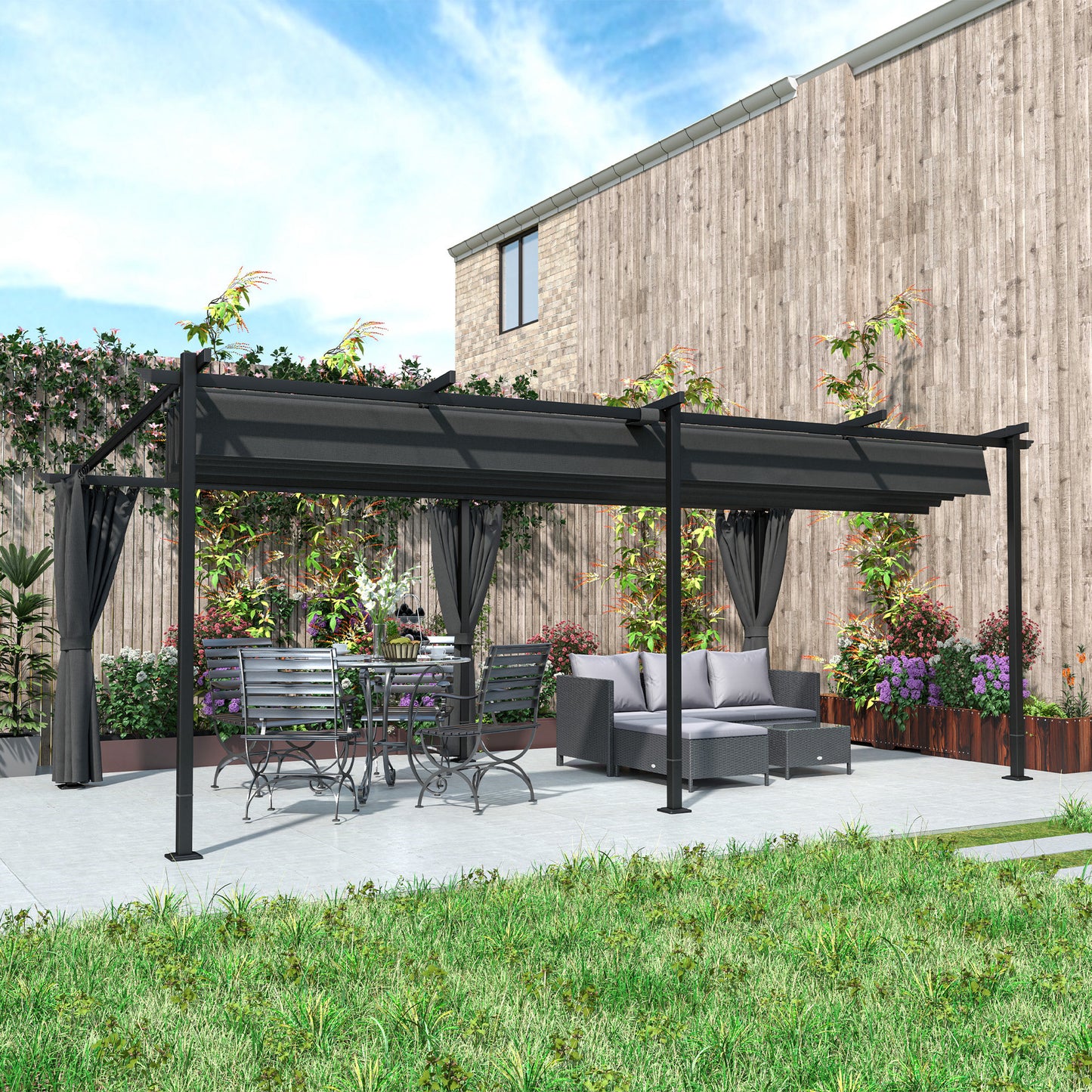 Grande pergola rétractable noire 10 x 20 pieds en métal avec parois latérales, tonnelle d'extérieur résistante UPF30+ idéale pour terrasse ou jardin